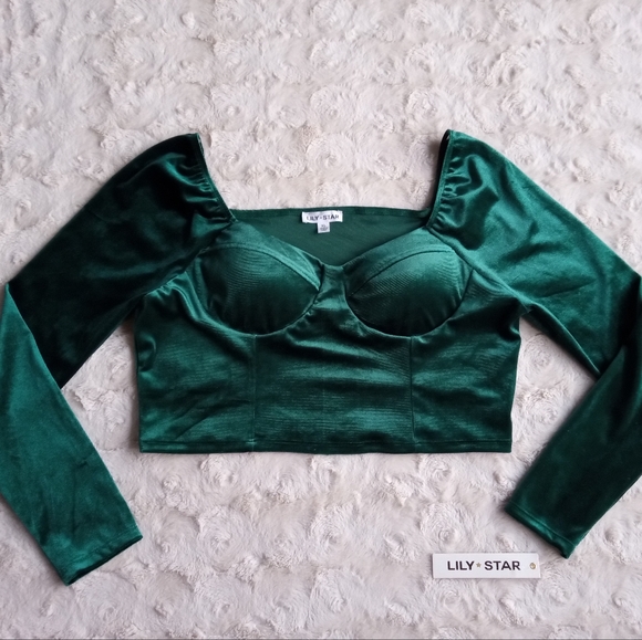 LILY STAR Emerald Velvet Crop Long Sleeve Top - Picture 7 of 9
